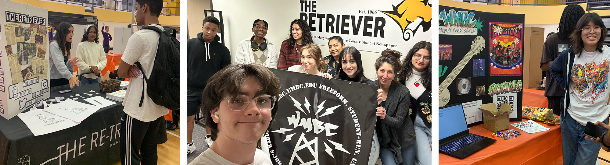 Collage of 1. The Retriever at a tabling event 2. The Retriever and WMBC members pose with signs 3. WMBC at Involvement Fest